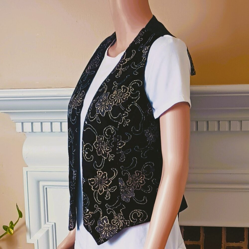 Embroidered Black Velvet Vest S Women's Vtg Metallic Flowers Rhinestone Buttons